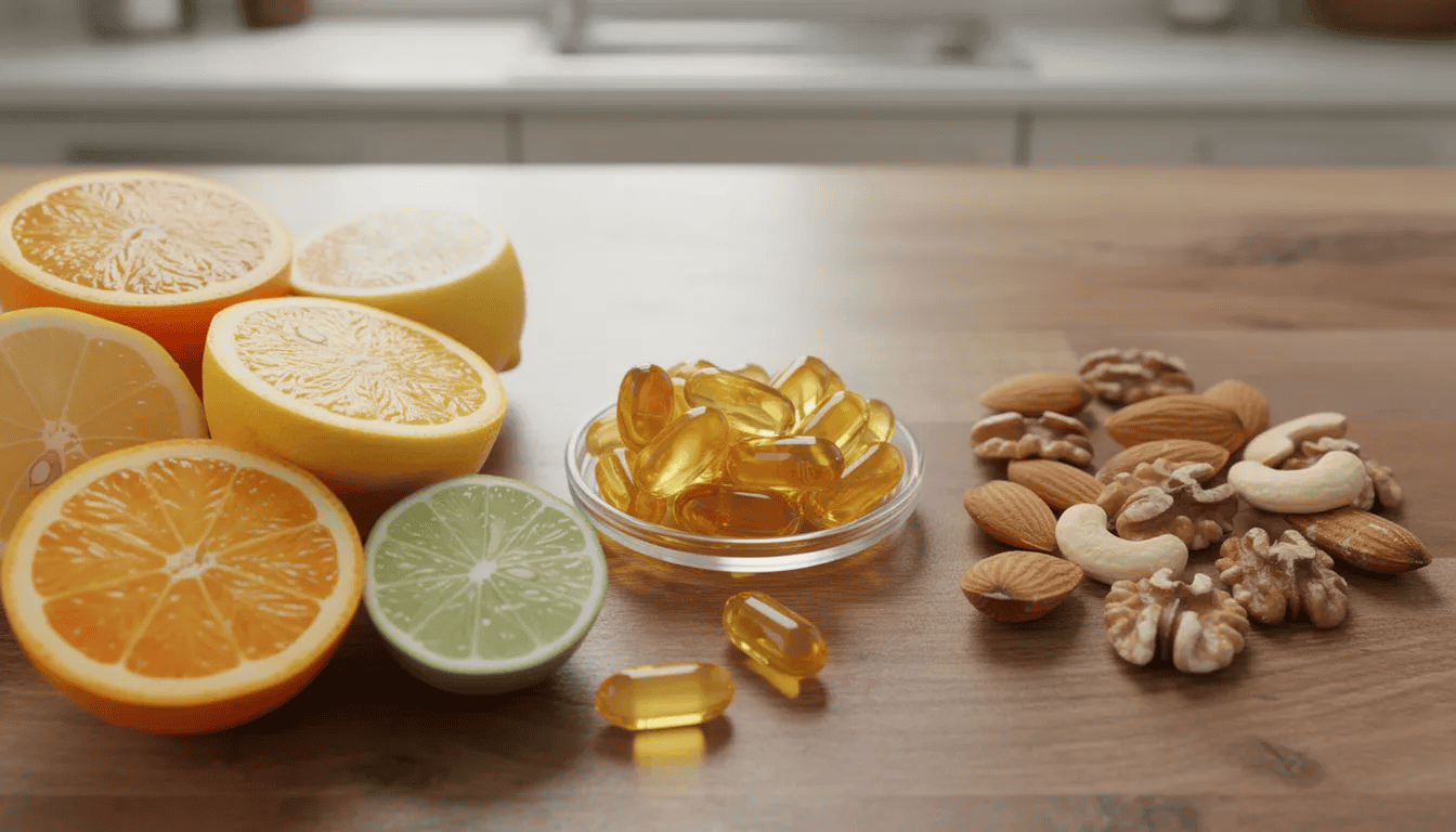 The image features a vibrant arrangement of citrus fruits, various nuts, and colorful supplement capsules on a rustic wooden kitchen surface, highlighting essential nutrients that support immune function. This composition emphasizes natural ingredients that can boost immunity and promote overall health, particularly during the winter months.