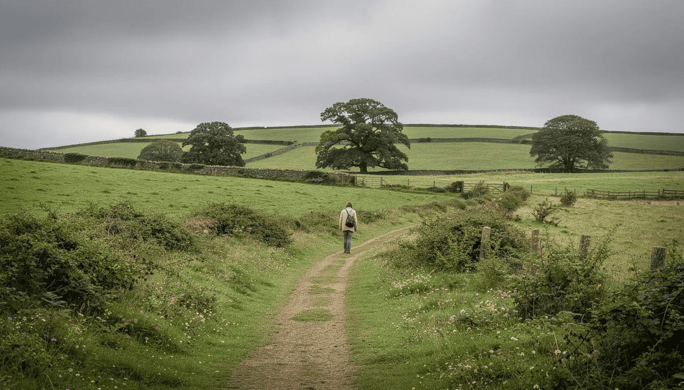 A person is walking along a winding path through the lush green British countryside, under a cloudy grey sky. This serene landscape highlights the importance of a balanced diet and essential nutrients for maintaining a well-functioning immune system.