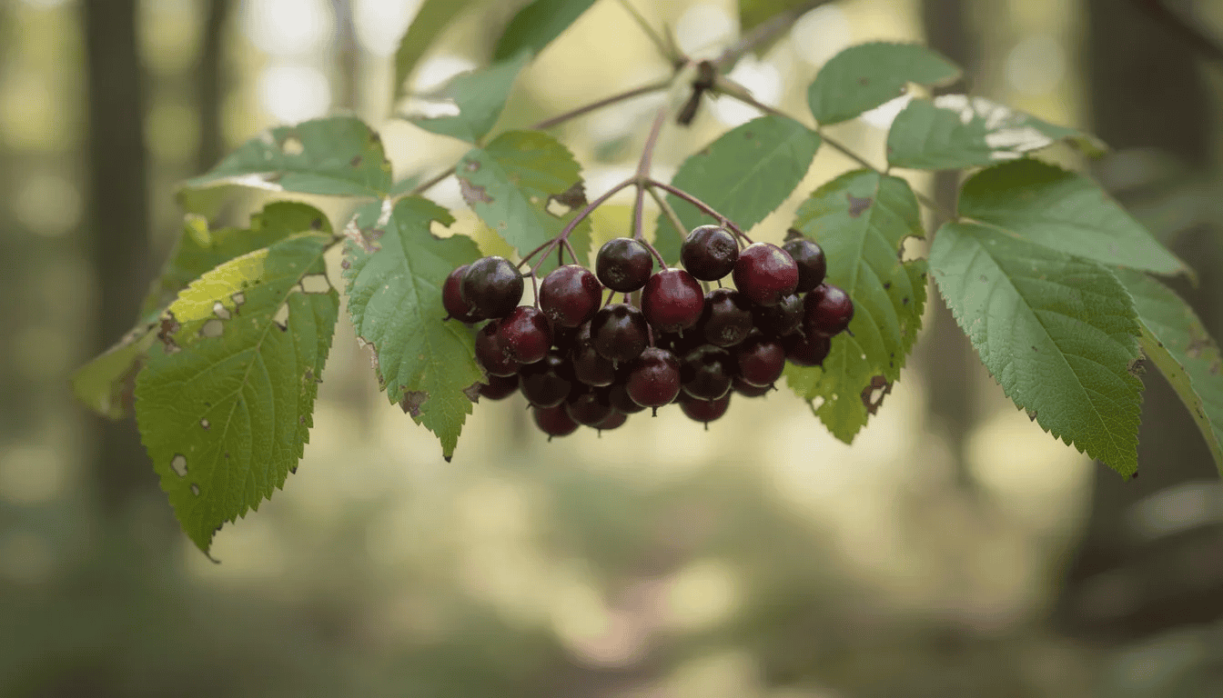 The image features dark purple elderberries clustered on a branch, surrounded by vibrant green leaves. These elderberries are known for their immune support properties and are rich in antioxidants, making them a valuable addition to a balanced diet for promoting overall immune health.